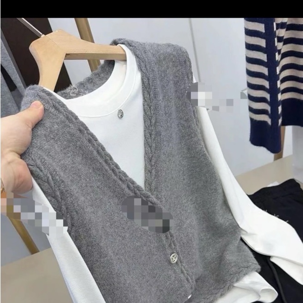 Gray Knit Vest with White Long Sleeve Top